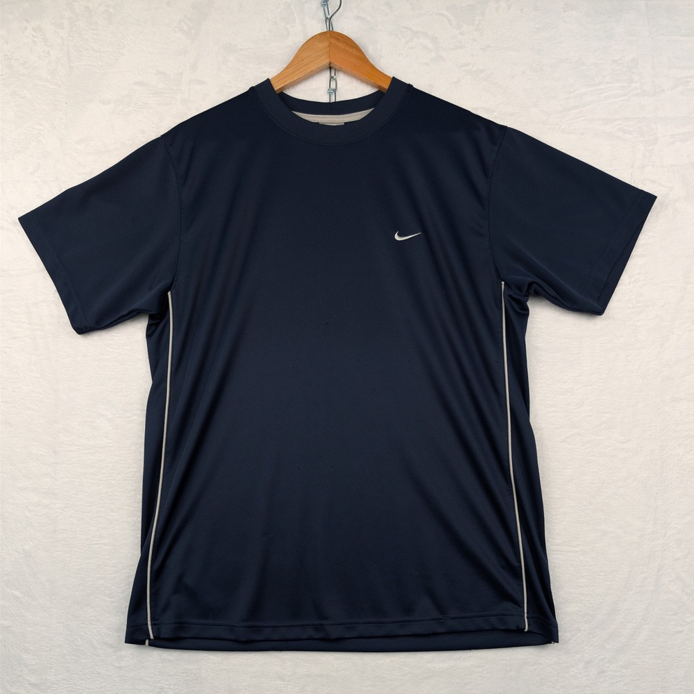 VTG Nike T-Shirt Men's L Navy Blue Gray Piping Swoosh Logo Mesh Athletic Y2K - Picture 2 of 8